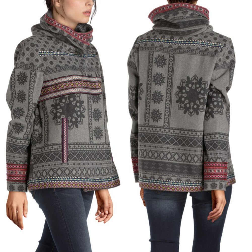 New $275 DESIGUAL Womens Size 38 US 4 Gray‎ Embroidered Boho Artsy Jacket Coat